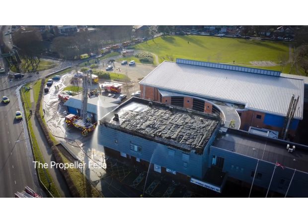 Footage from a drone reveals destruction of Maghull town hall after fire.