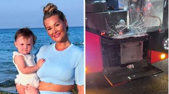 Reality TV star's vehicle collides with bus while young child is riding in front seat.