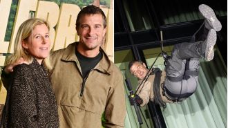 Celebrity Bear Hunt premiere sees Bear Grylls rappel in and snap photo with seldom-seen wife.