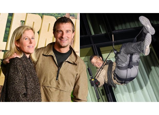 Celebrity Bear Hunt premiere sees Bear Grylls rappel in and snap photo with seldom-seen wife.