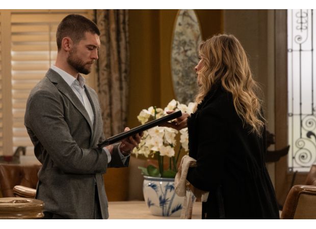 Joe Tate is scared about someone named Kim finding out something important in a video from the show Emmerdale.