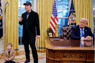 Elon Musk says 150-year-olds received social security, and his son imitated his hand gesture.