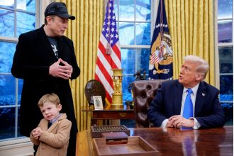 Elon Musk says 150-year-olds received social security while his son imitates his gesture.