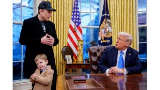 Elon Musk says 150-year-olds received social security while his son imitates his gesture.