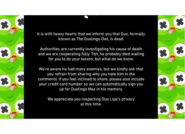 Many people are confused by a strange comment suggesting that the Duolingo owl is no longer alive.
