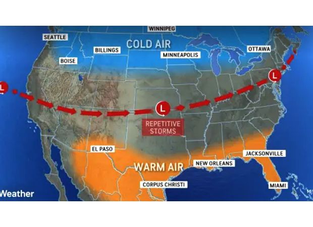 Winter storm hits 40 US states and affects 200 million people, according to map.