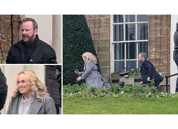 Rebel Wilson and Kiefer Sutherland run through English town for new film.