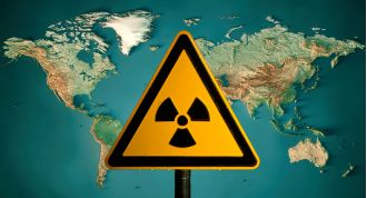 A map shows highly radioactive areas on earth, including the US and UK.