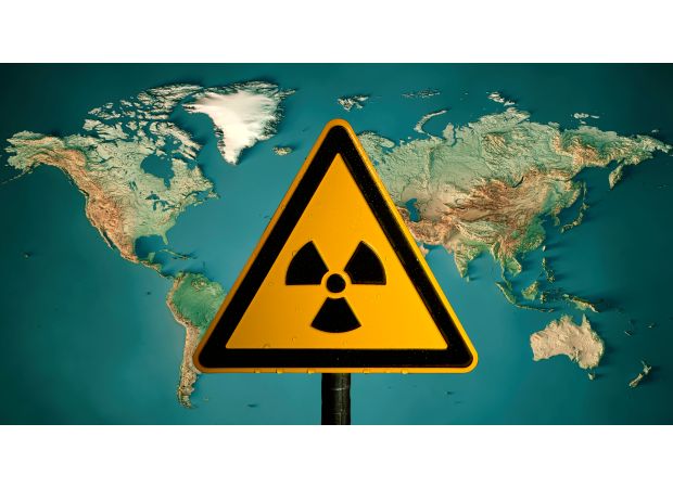 A map shows highly radioactive areas on earth, including the US and UK.