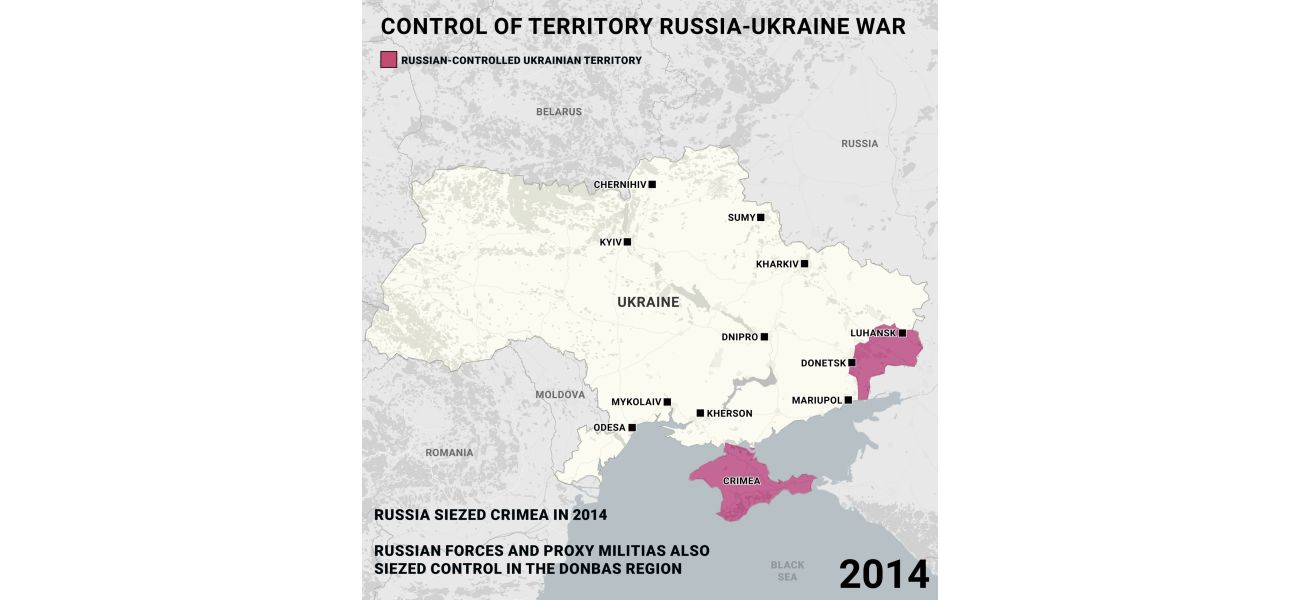 This map tracks Russia's territorial changes in Ukraine from 2014 to present.