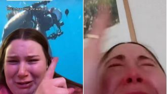 Young people are crying about a small fish emerging from the ocean's depths.