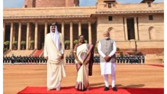 The Emir of Qatar received a ceremonial welcome at Rashtrapati Bhavan as a sign of honor.
