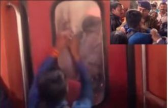A man attempts to damage train door in front of media and police in a viral video, with unexpected results.