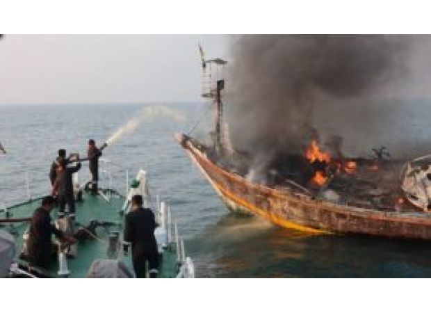 Coast guard rescues 18 fishermen from burning boat near Raigad.