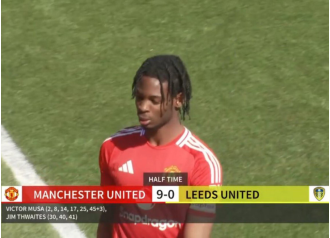 Man Utd player Victor Musa scores 6 goals against Leeds in first half.
