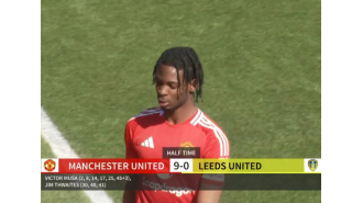Man Utd player Victor Musa scores 6 goals against Leeds in first half.