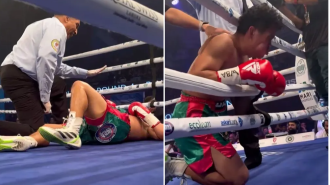 Boxer gets sick and throws up after getting knocked out by a powerful body punch.