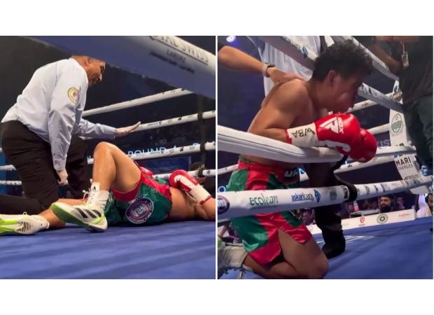 Boxer gets sick and throws up after getting knocked out by a powerful body punch.