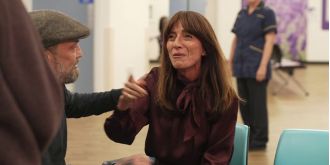 Davina McCall gets emotional as a cancer patient asks about her well-being following her own cancer diagnosis.