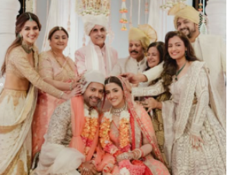 Actress Kriti Sanon seen giving blessings to her sister Nupur during Stebin's wedding rituals.