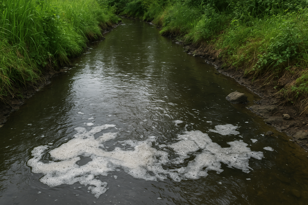 Pollution Control Board officials inspect waste water in a stream.