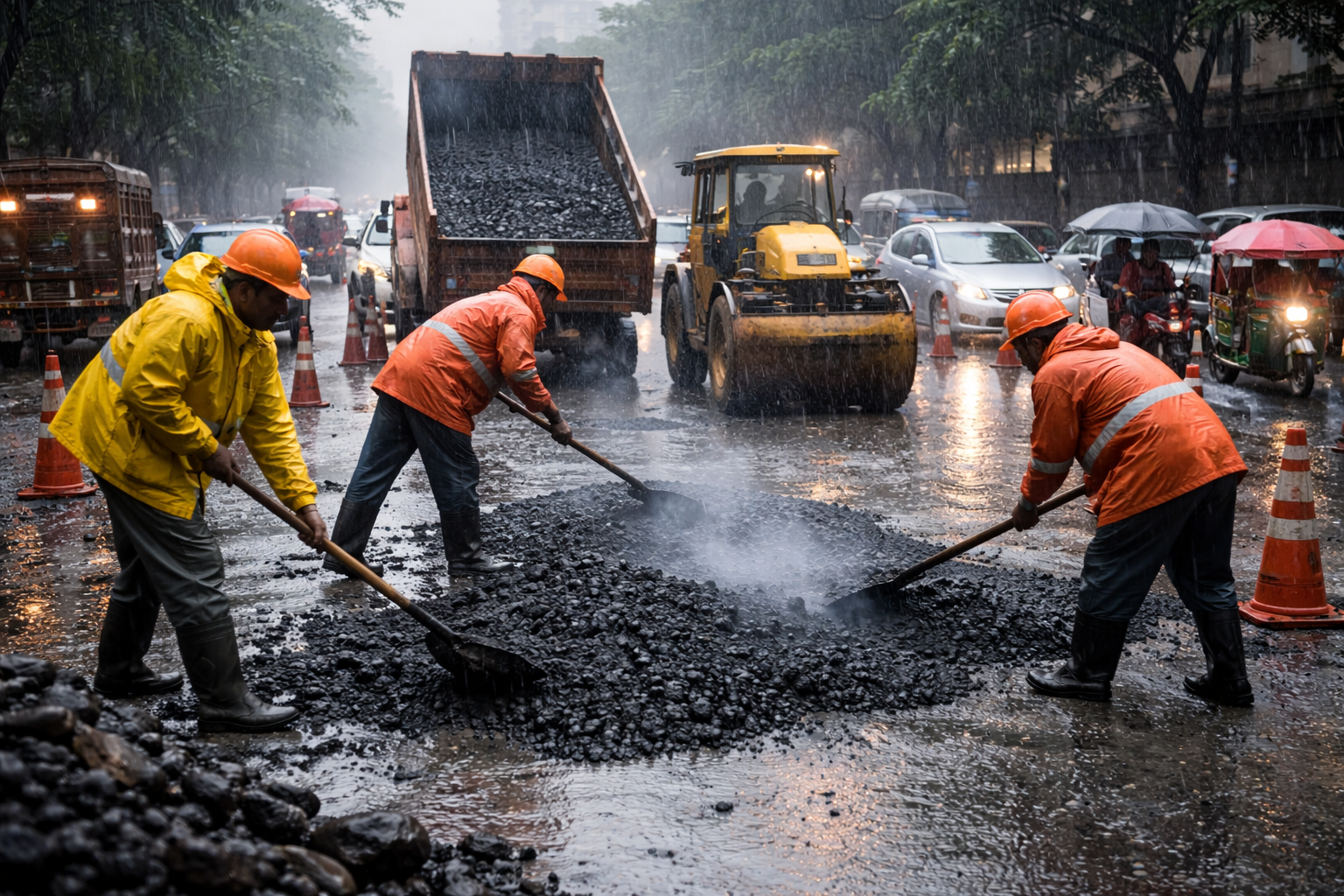 Why are the city's roads being repaired during the rainy season instead of now?