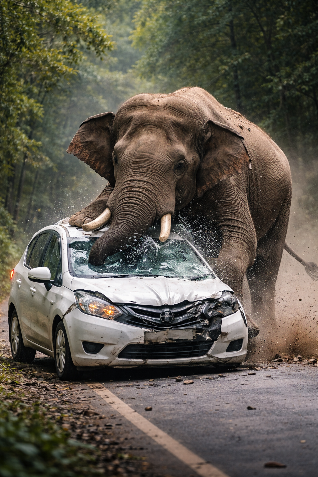 Wild elephant attacks car