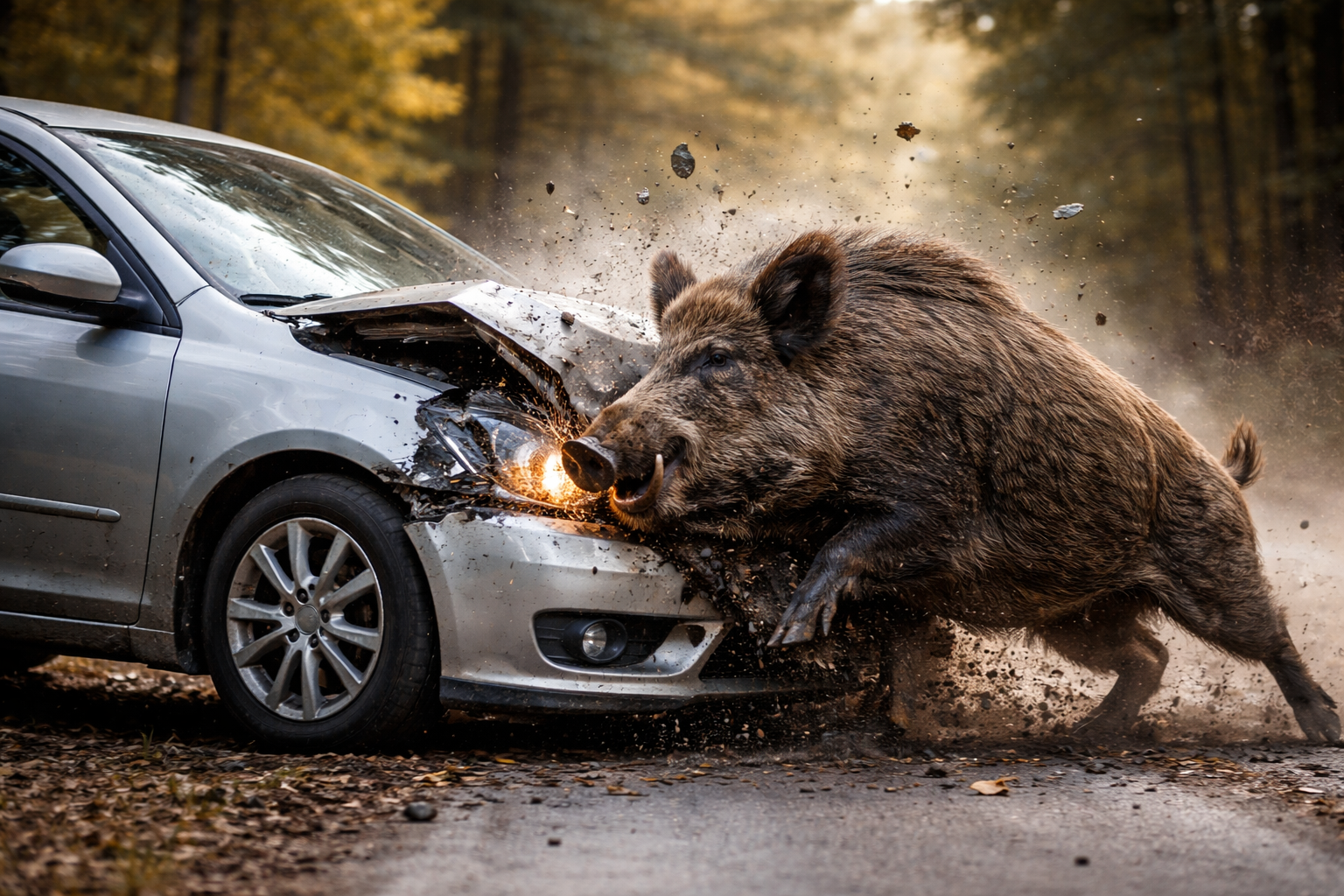 Wild boar hits auto