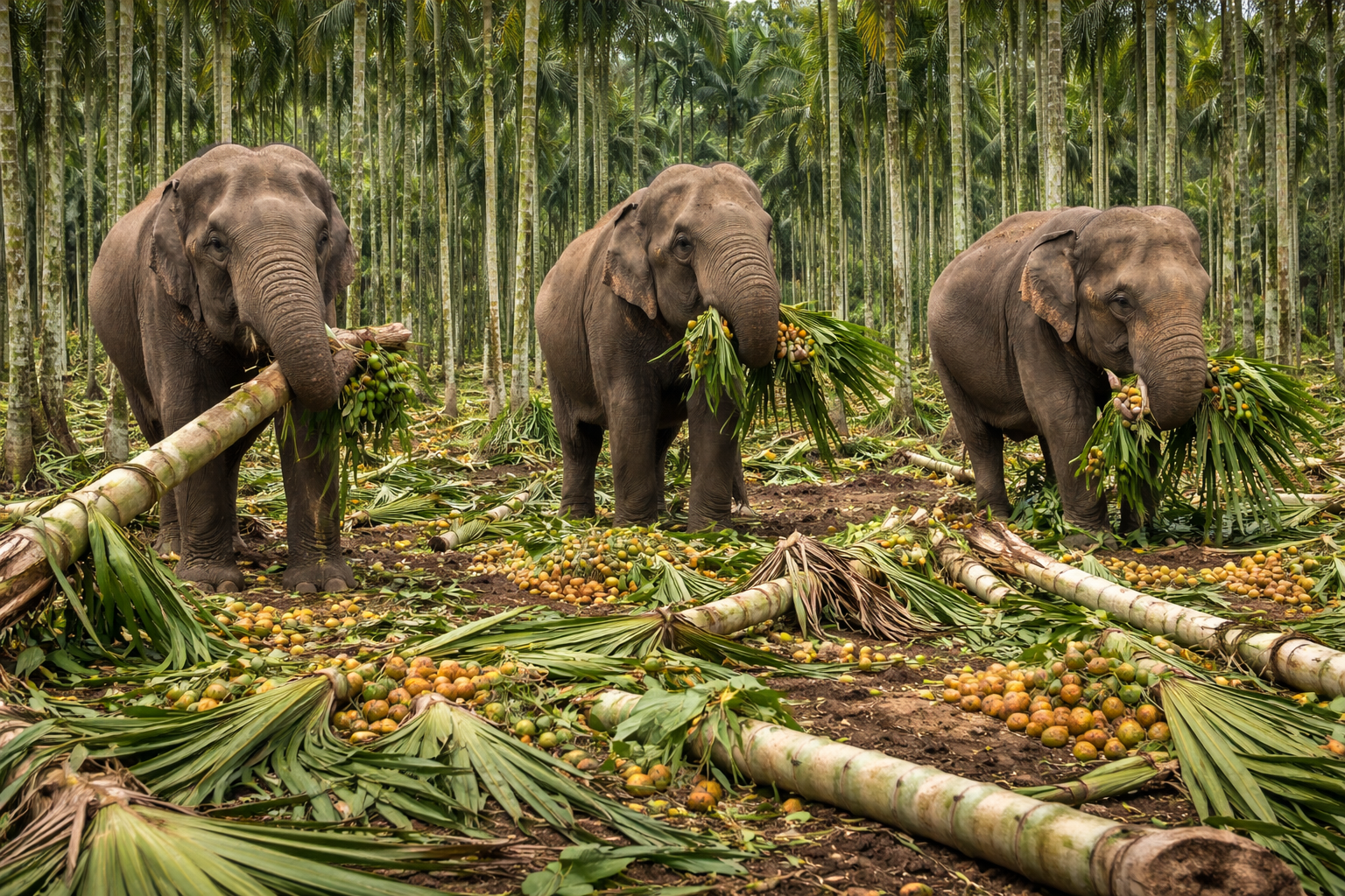Wild elephants destroy areca nut crops