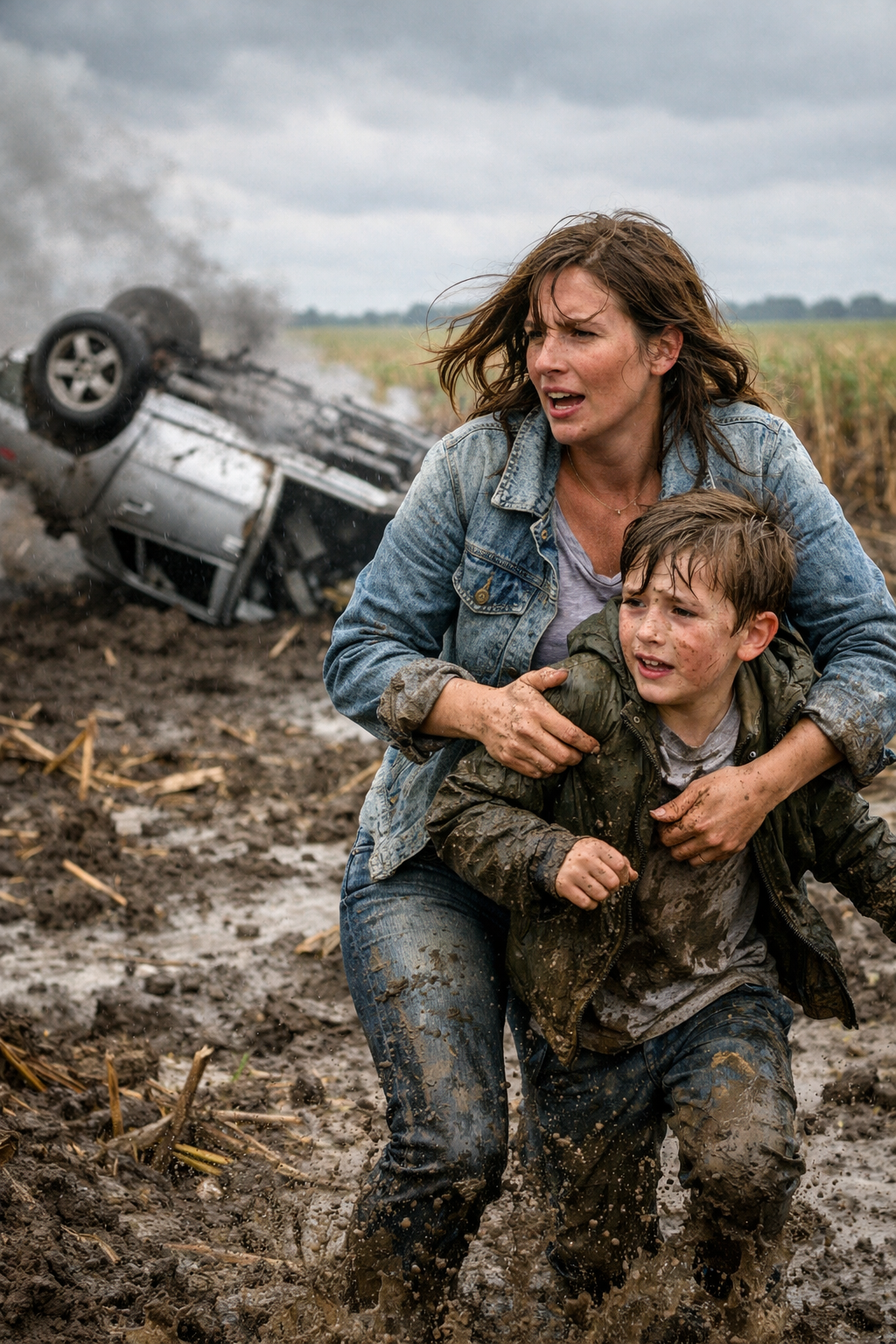 Mother and son escape after car falls into field