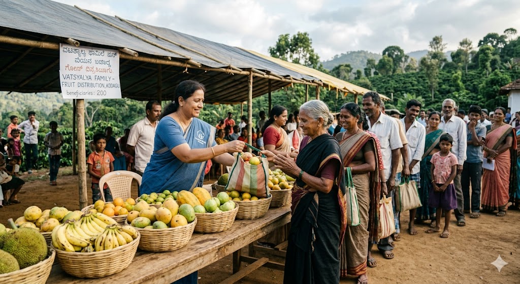 Distribution of fruit to the beneficiaries of the Vatsalya family